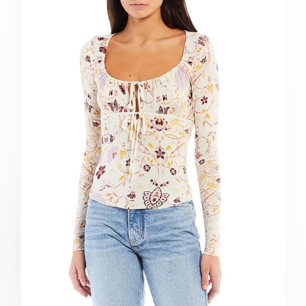 Free People Floral Fitted Scoop Keyhole Tie Neck Long Sleeve Top - Picture 2 of 7